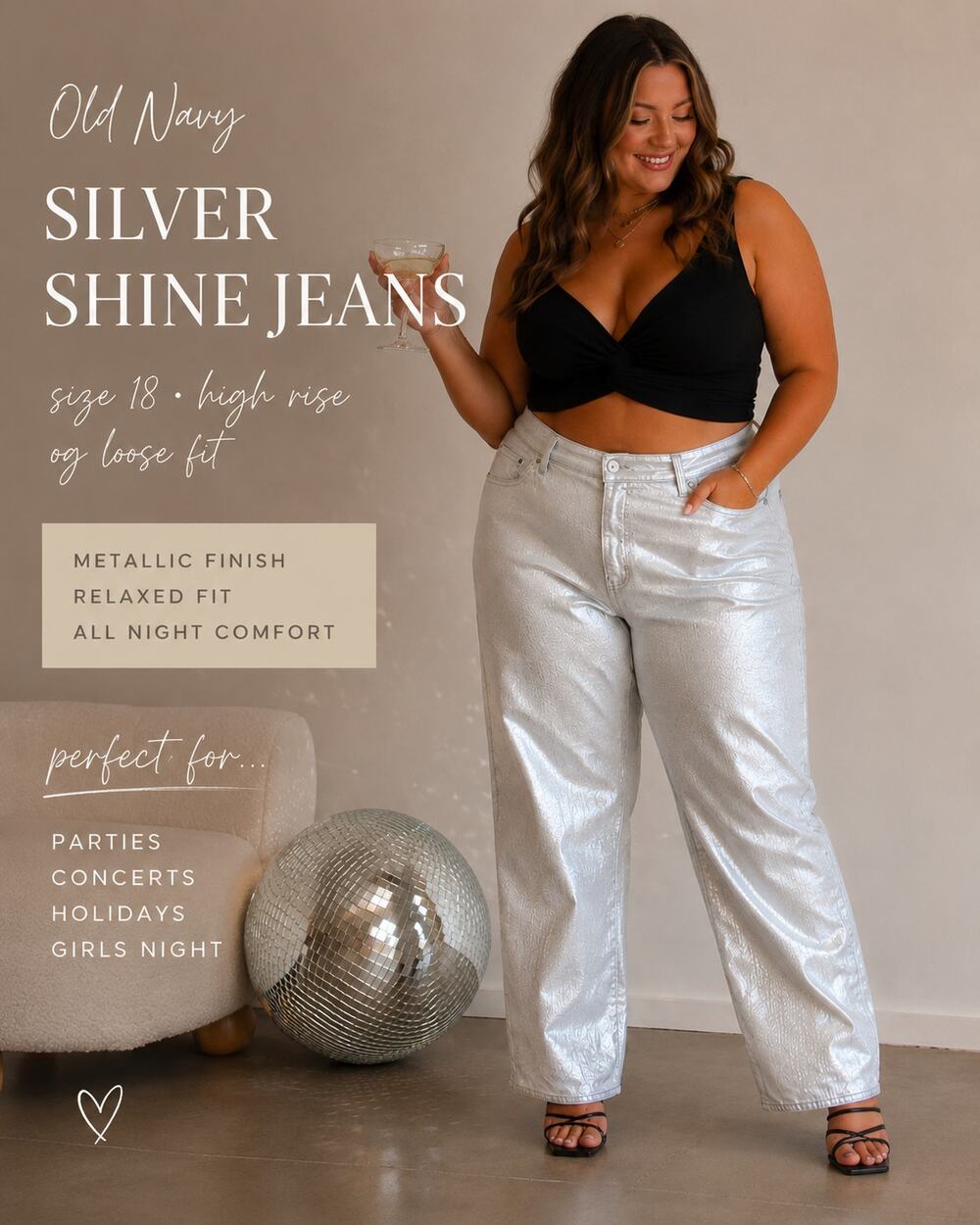 Old Navy High Rise OG Loose Silver Shine Jeans Sz 18 Disco Metallic Party Event